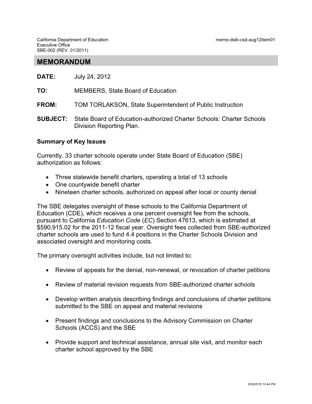 August 2012 Memorandum DSIB Item 1 - Information Memorandum (CA State Board of Education)