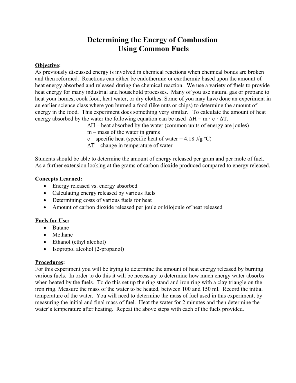 Determining the Energy of Combustion