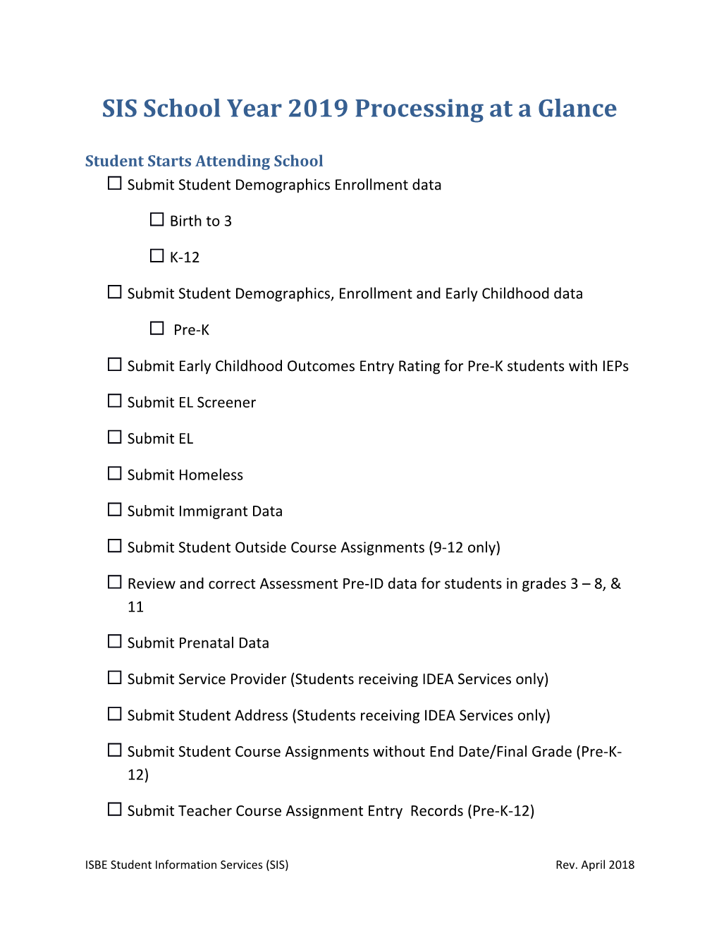 2019 SIS School Year Processing at a Glance (Checklist) 20180802 EH