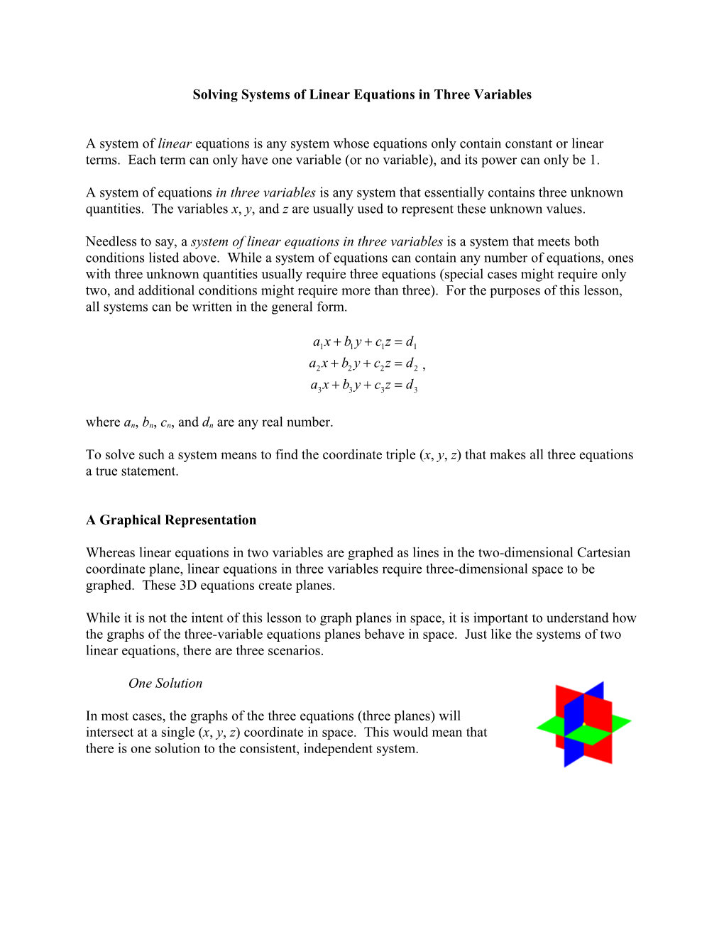 Solving Systems of Linear Equations in Three Variables