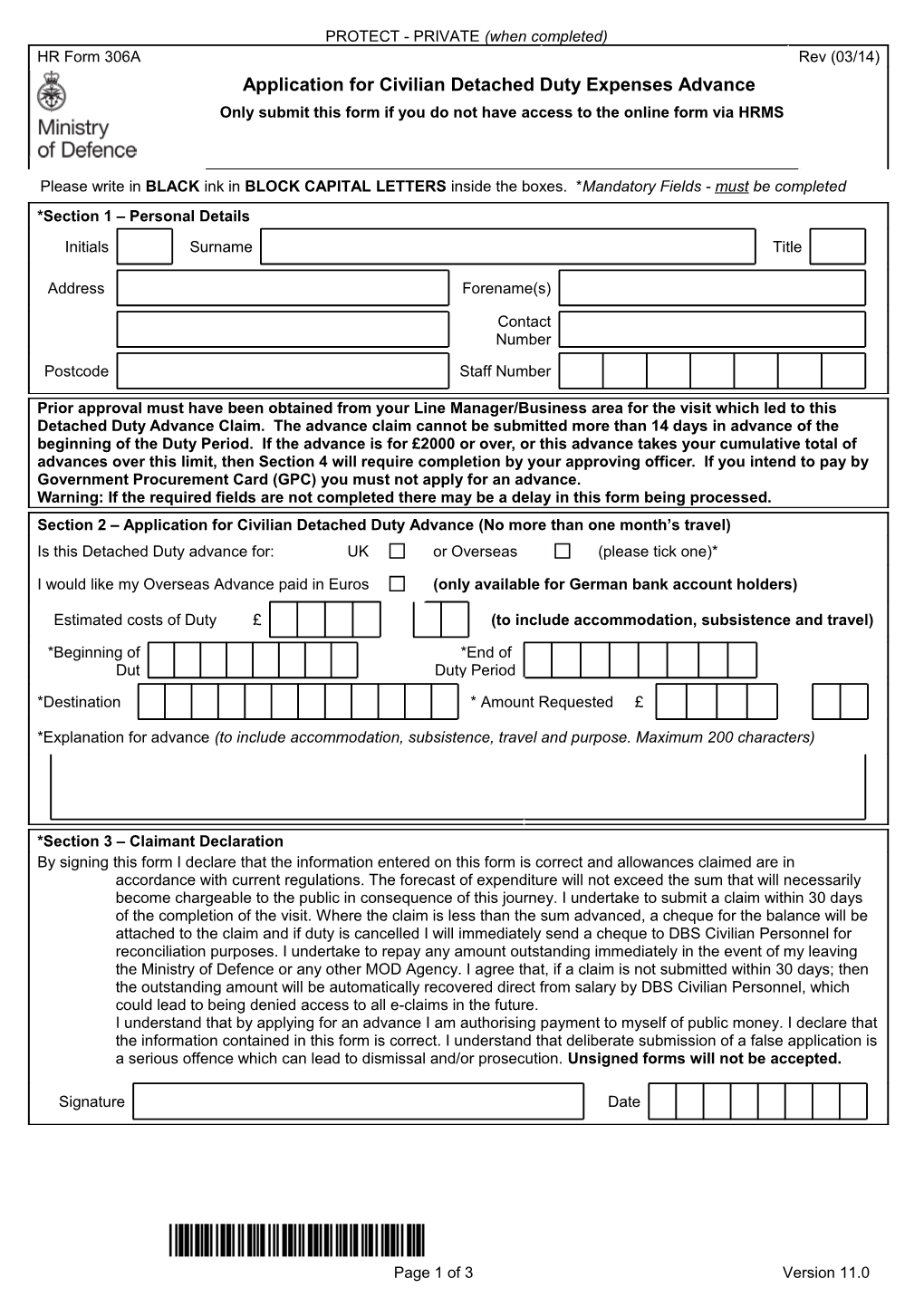 HR Form 306A: Application for Civilian Detached Duty Expenses Advance