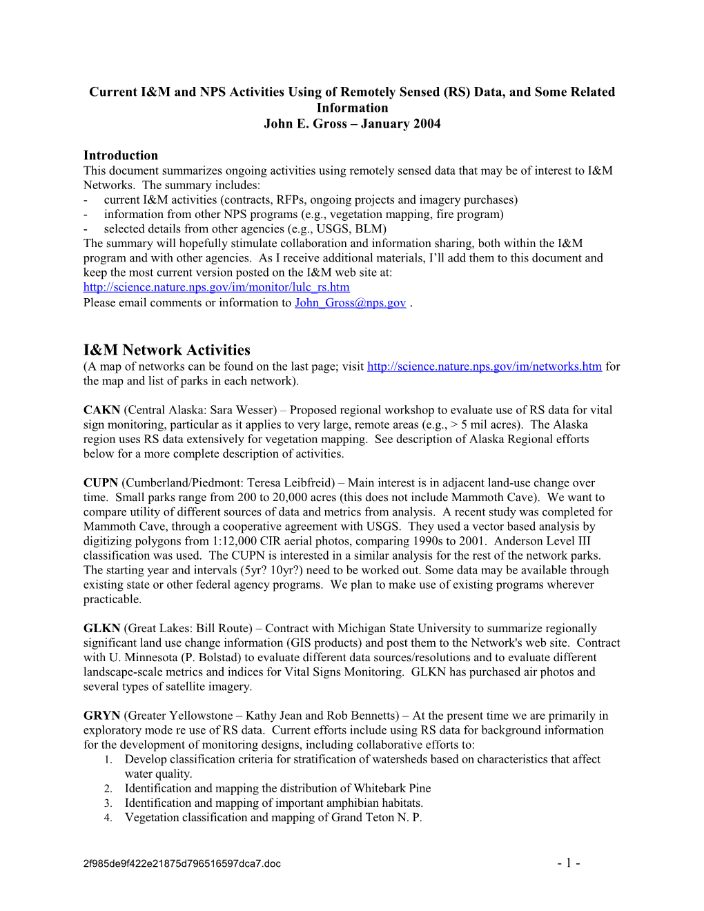 Current I&M Activities Relating to Use of Remotely Sensed (RS) Data