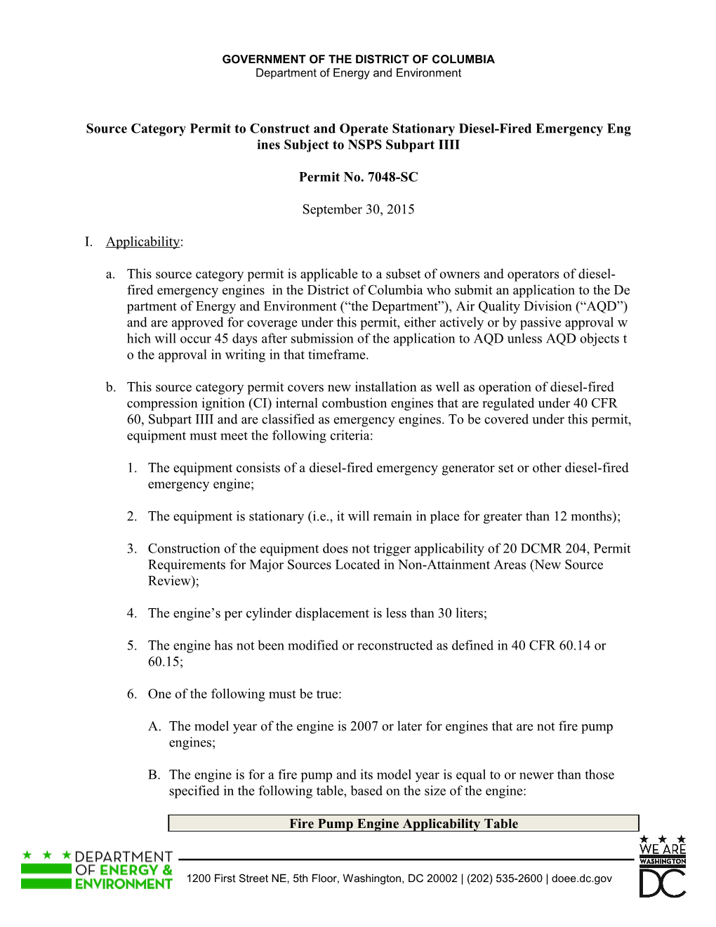 Source Category Permit No. 7048-SC to Construct and Operate Stationary Diesel-Fired Emergency