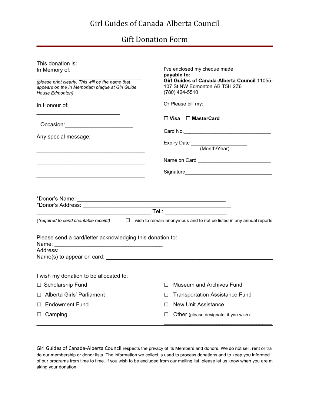 Girl Guides of Canada-Alberta Council Gift Donation Form