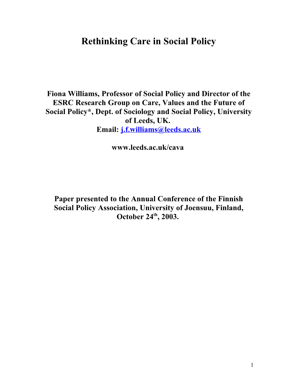 Rethinking Care in Social Policy