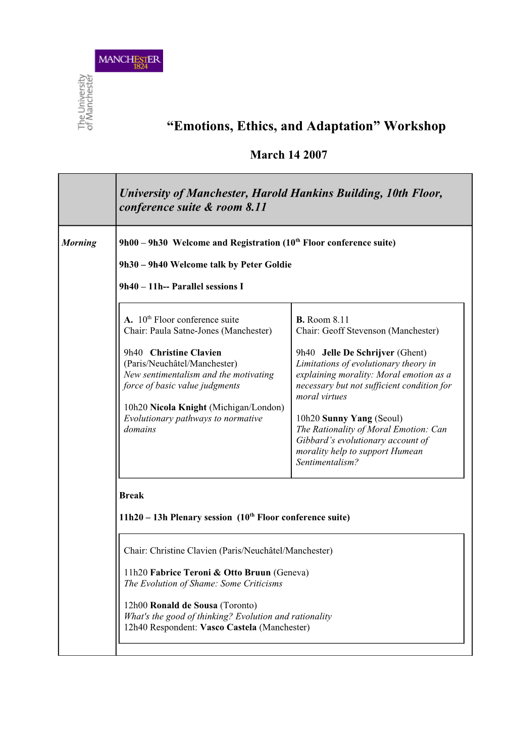 Emotions, Ethics, and Adaptation Workshop