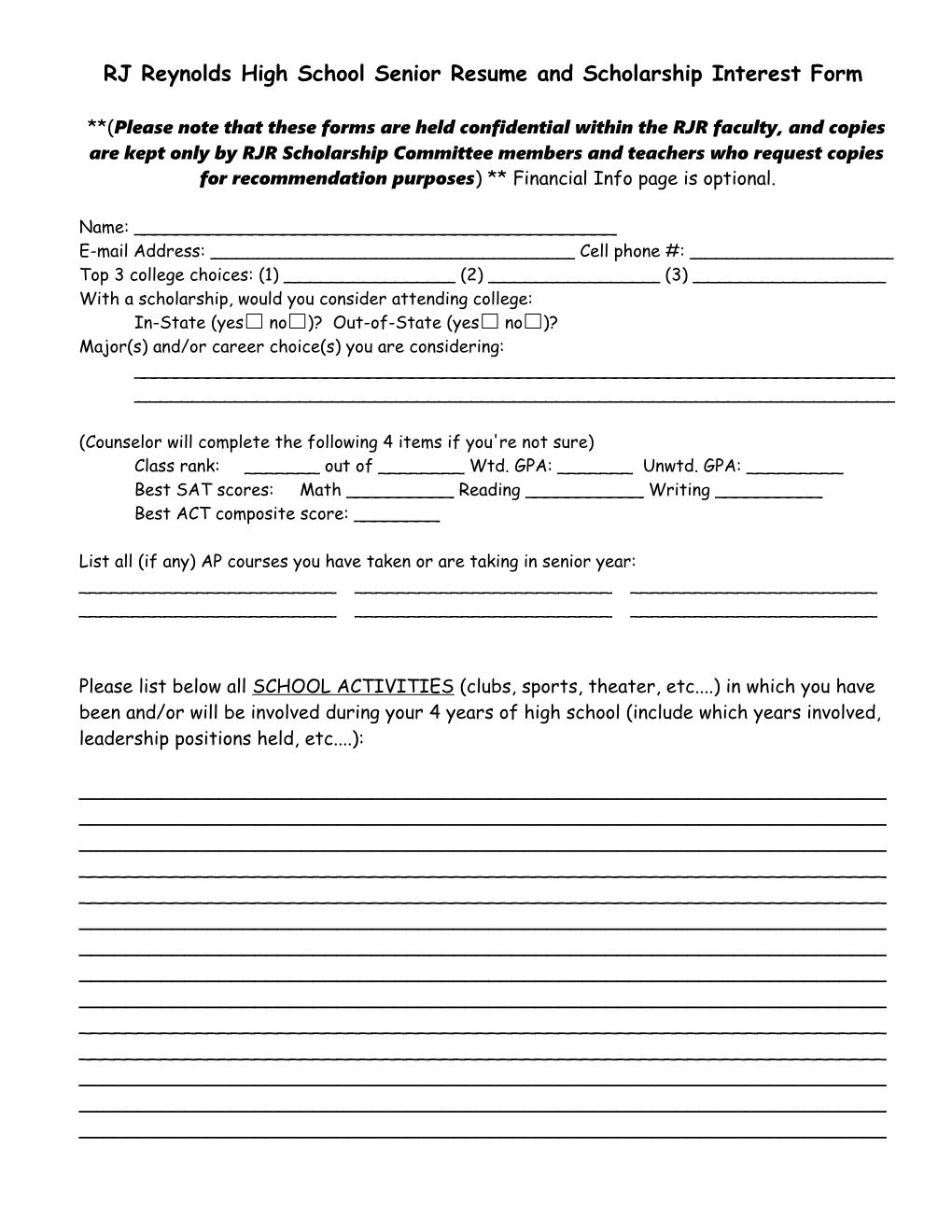 Reagan High School Scholarship Interest Form 2007 2008