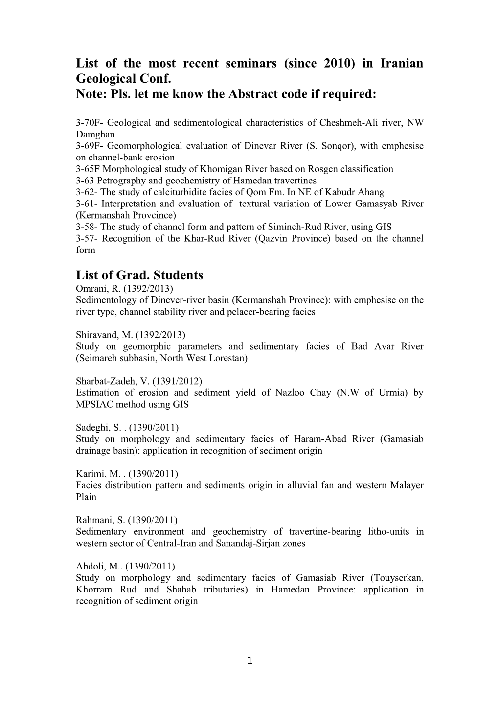 List of the Most Recent Seminars (Since 2010) in Iranian Geological Conf