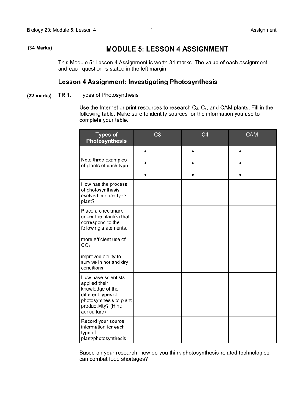 Lesson 4Assignment: Investigating Photosynthesis