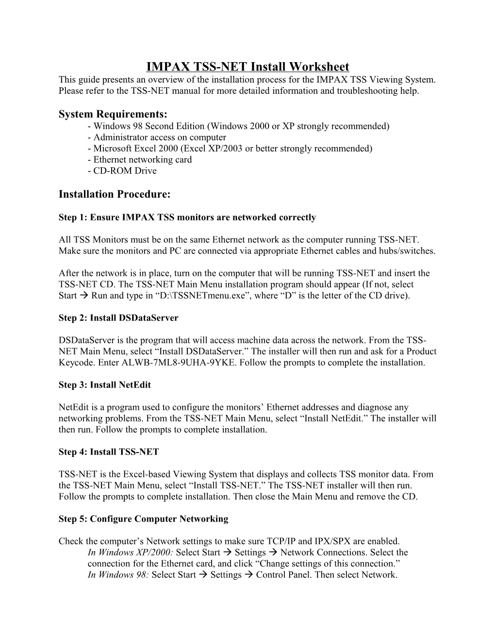 IMPAX TSS-NET Installation Sheet