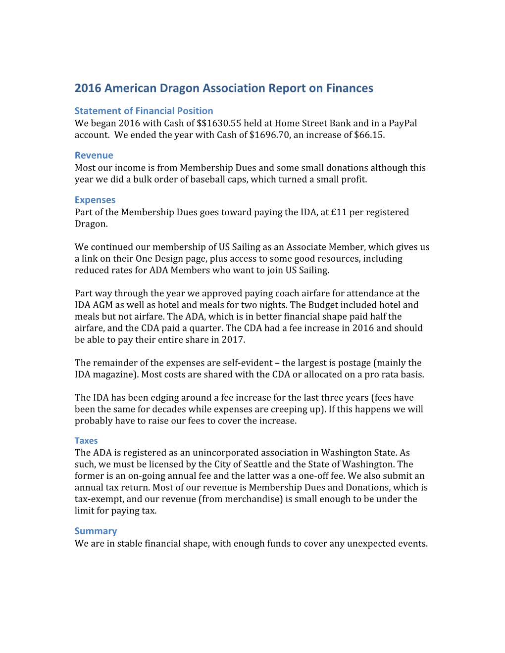 2016American Dragon Associationreporton Finances