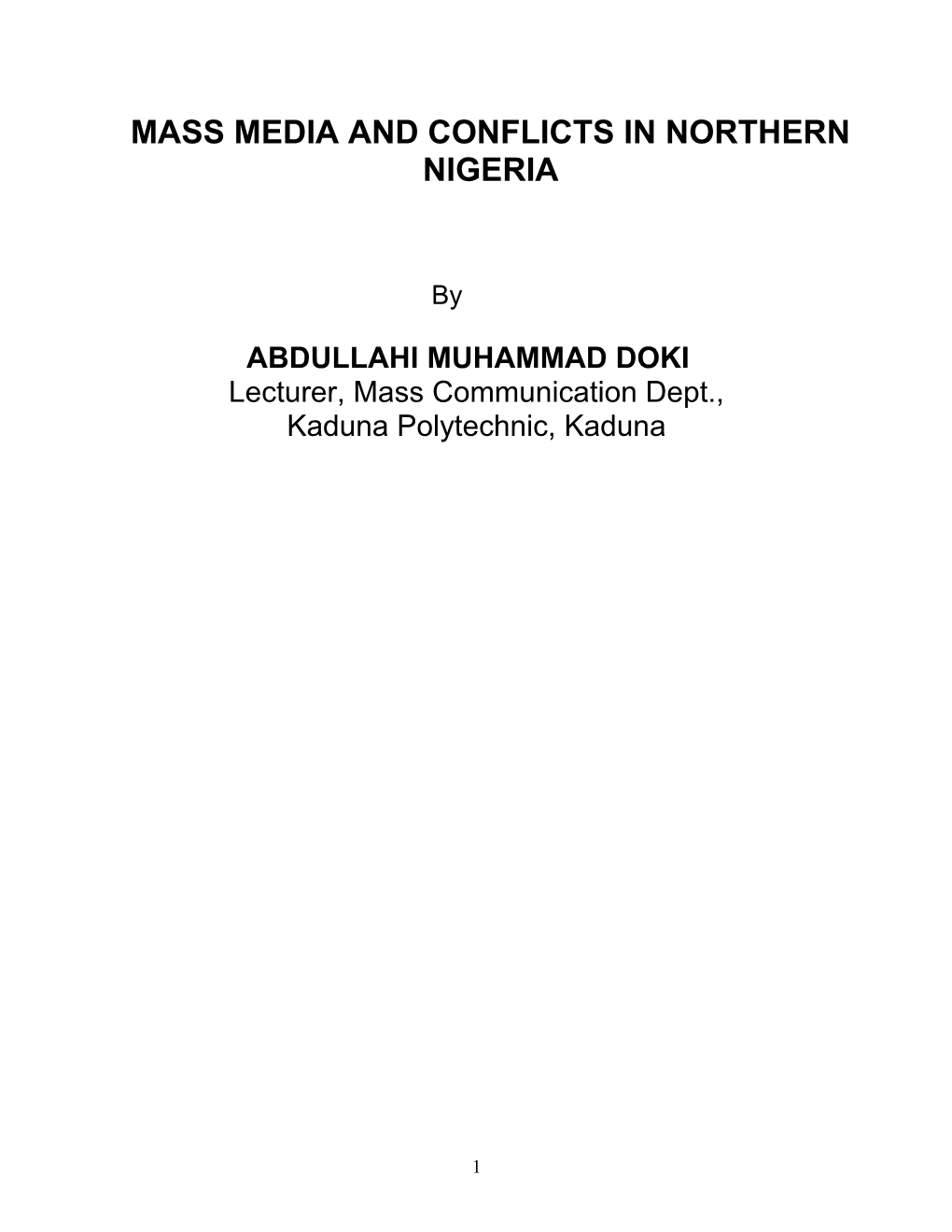 Mass Media and Conflict in Northern Nigeria