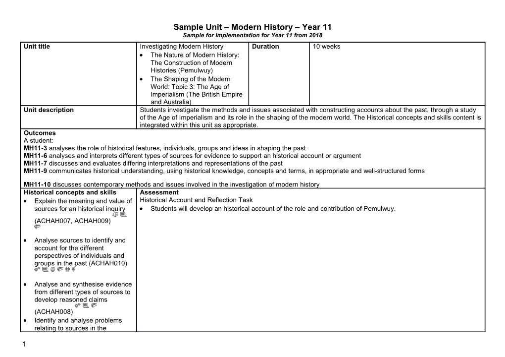 Sample Unit Year 11 the Construction of Modern Histories the Age of Imperialism