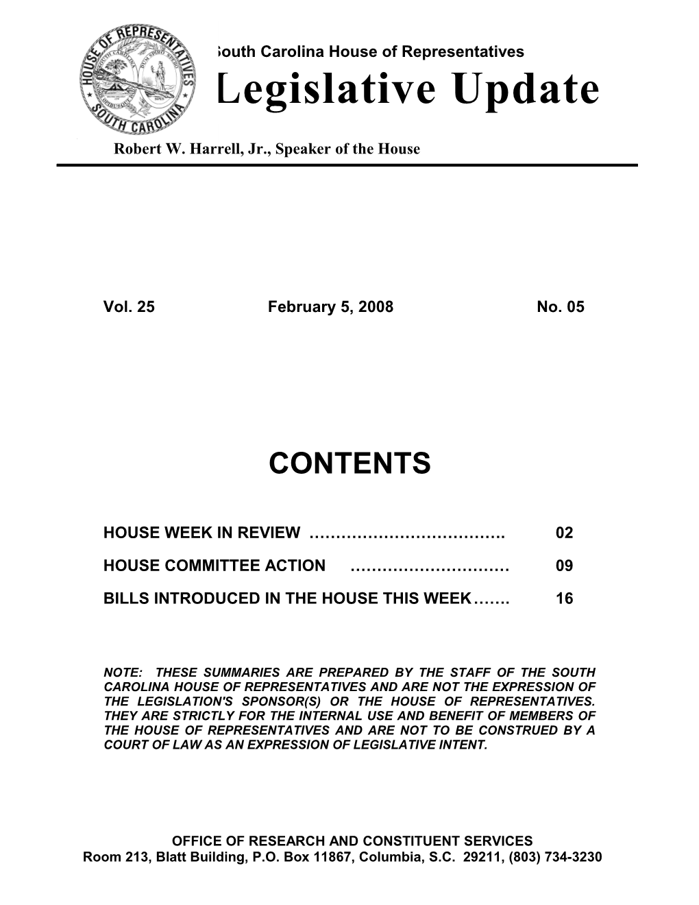 Legislative Update - Vol. 25 No. 05 February 5, 2008 - South Carolina Legislature Online