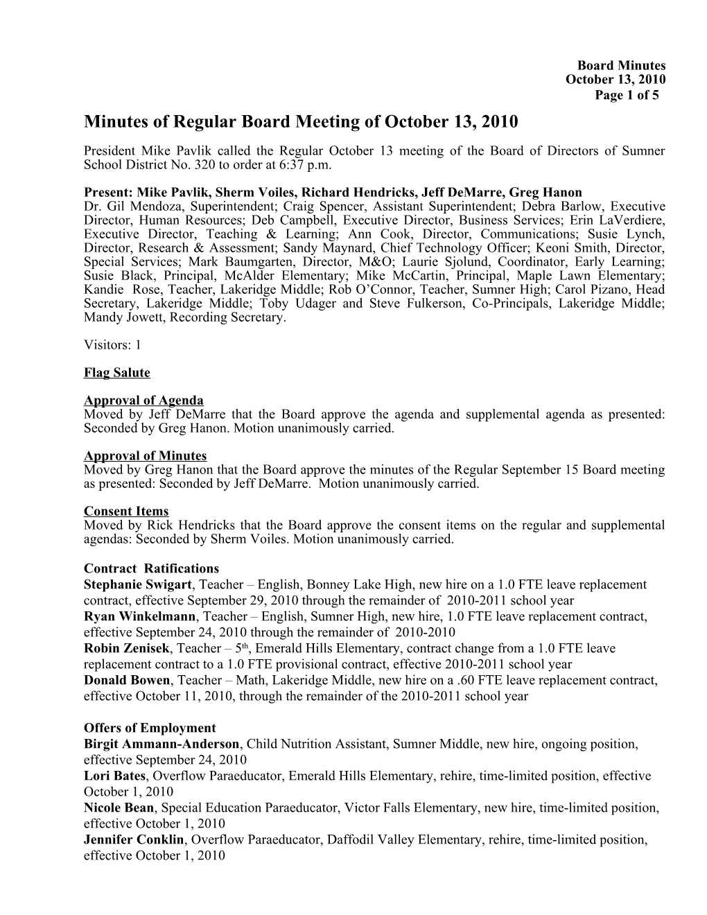 Minutes of Regular Board Meeting of October 13, 2010