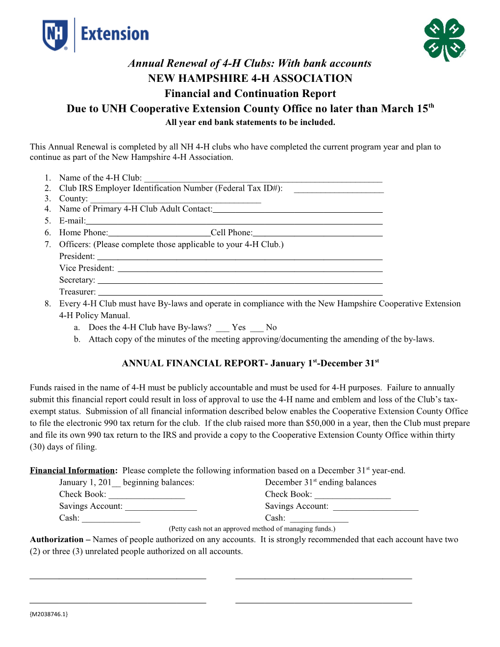NH 4-H Association: Financial Reporting for Clubs with Bank Acct