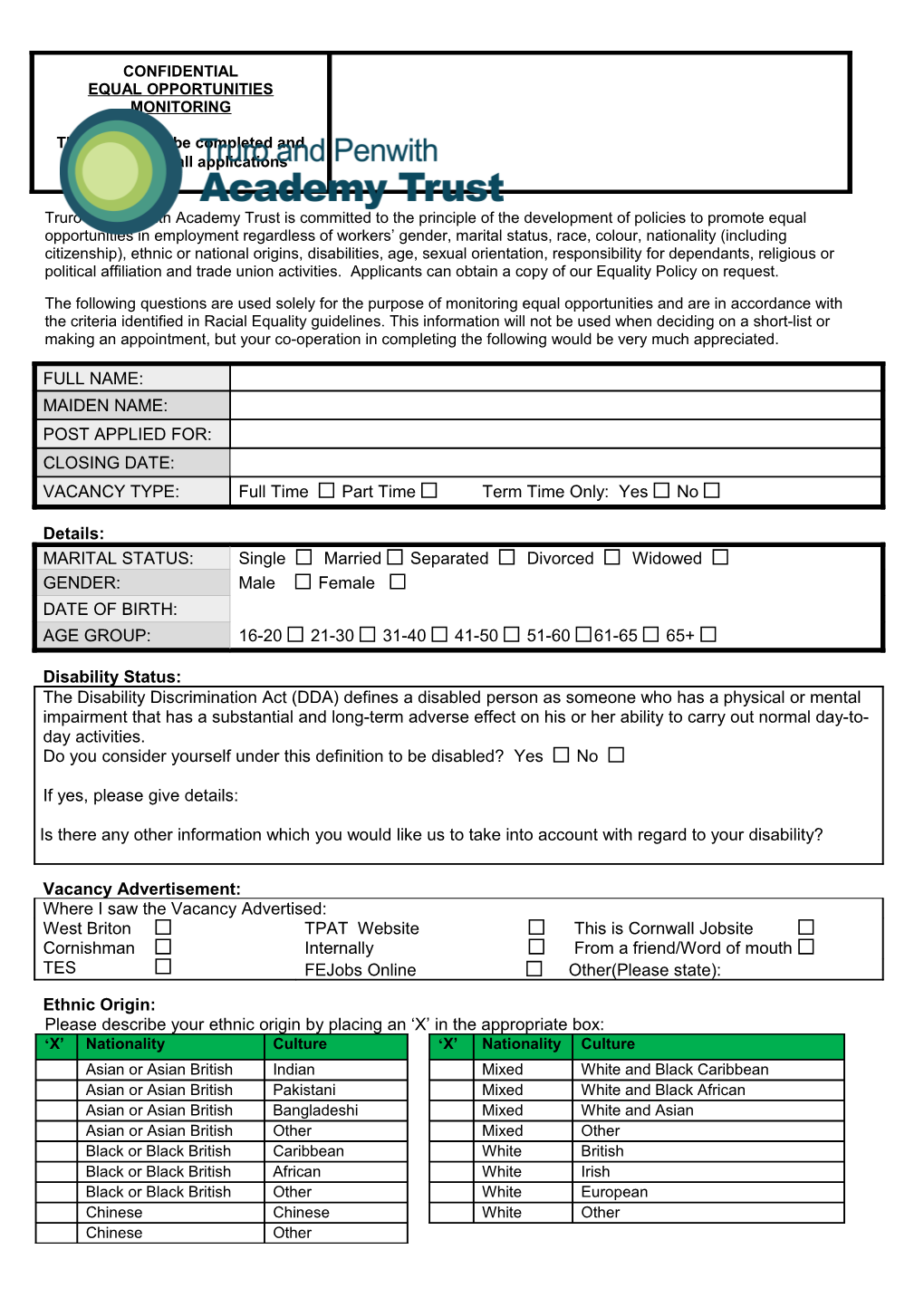 Application Form	Confidential