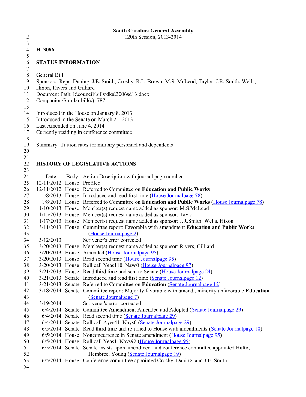 2013-2014 Bill 3086: Tuition Rates for Military Personnel and Dependents - South Carolina