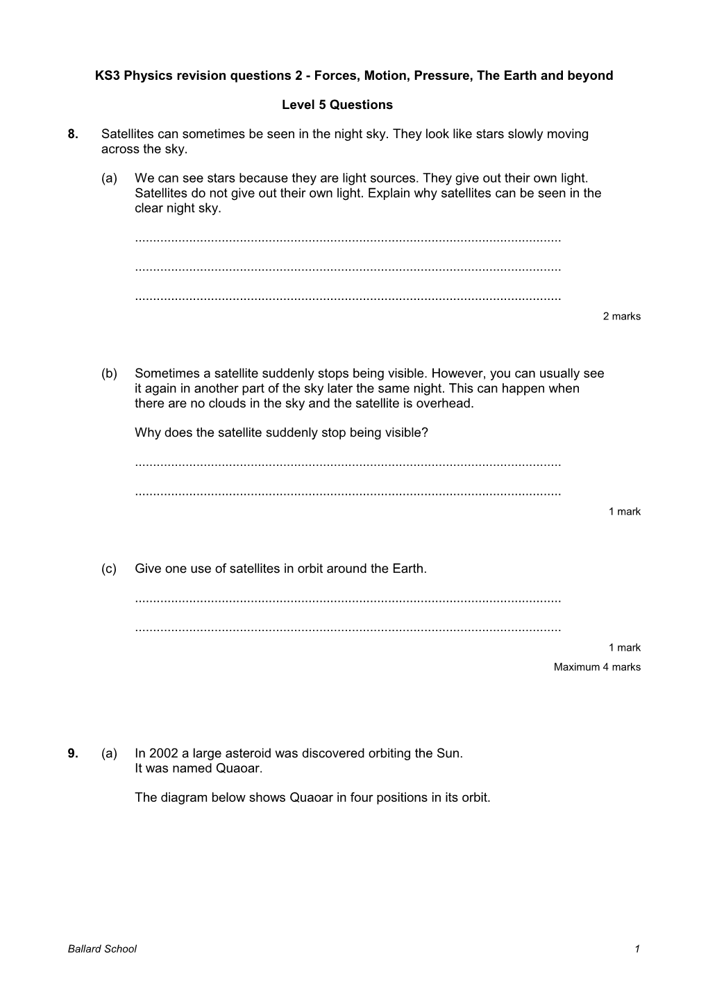 KS3 Physics Revision Questions 2 - Forces, Motion, Pressure, the Earth and Beyond