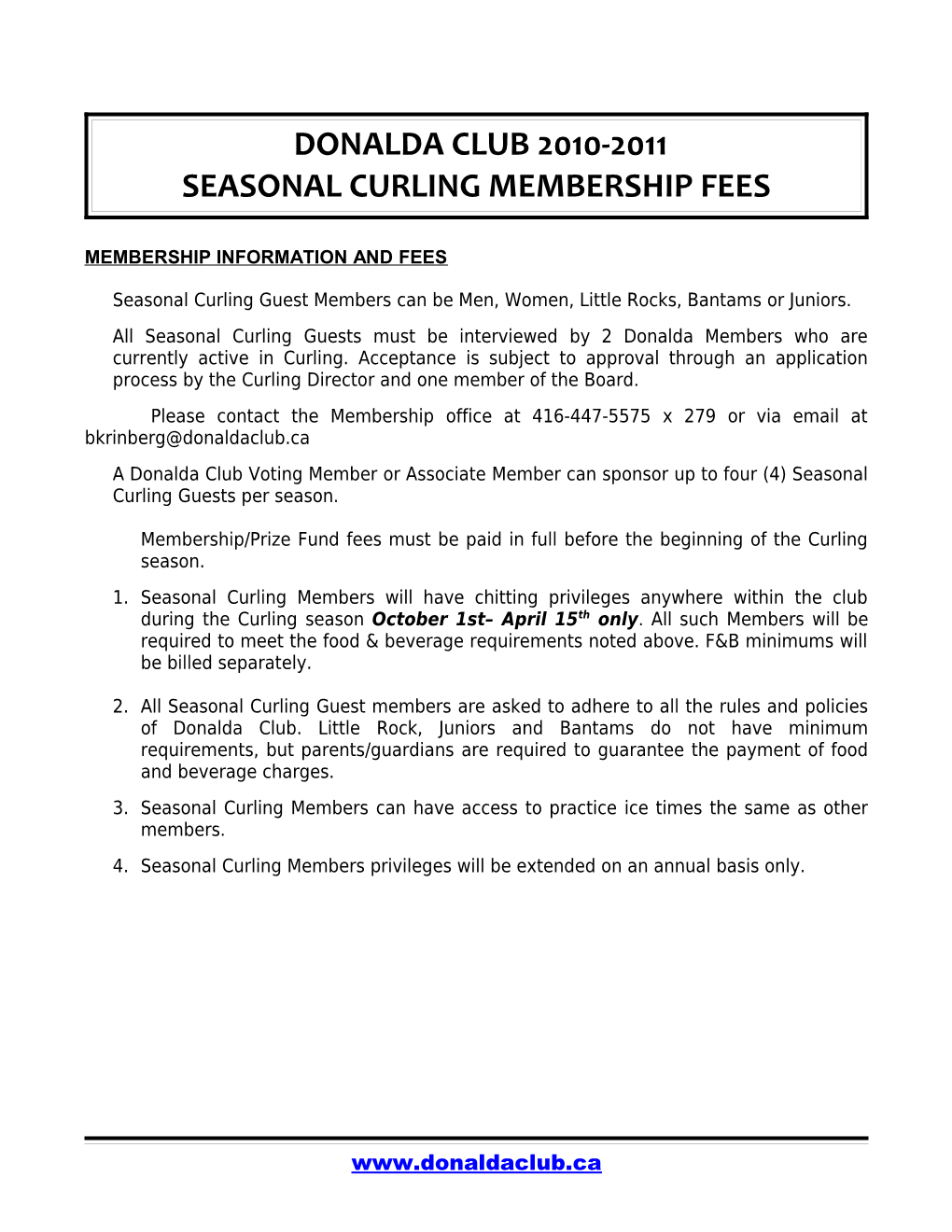 Seasonal Curling Membership Fees