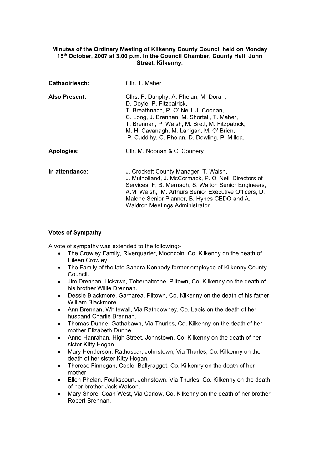 Minutes of the Ordinary Meeting of Kilkenny County Council Held on Monday 17Th September