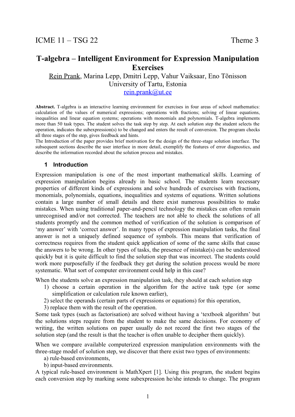 T-Algebra Intelligent Environment for Expression Manipulation Exercises