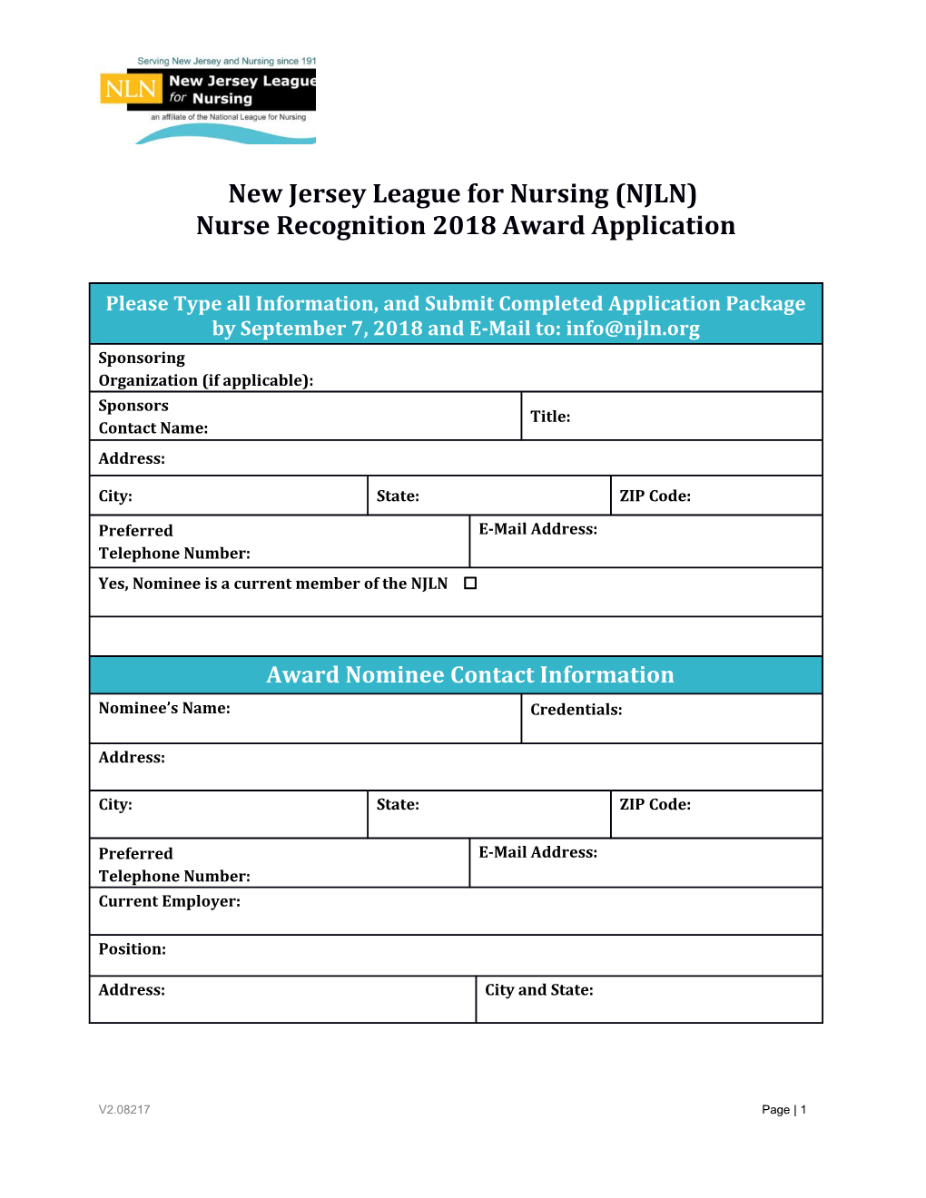 New Jersey League for Nursing Nurse Recognition 2018Award Application