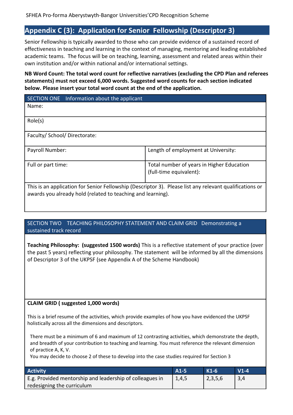 SFHEA Pro-Forma Aberystwyth-Bangor Universities CPD Recognition Scheme