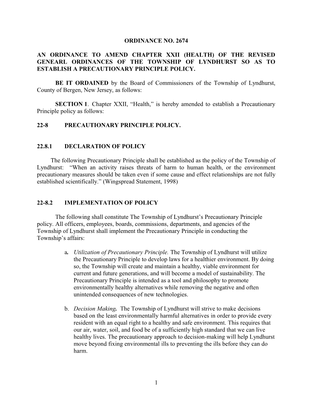 An Ordinance to Amend Chapter Xxii (Health) of the Revised Genearl Ordinances of the Township