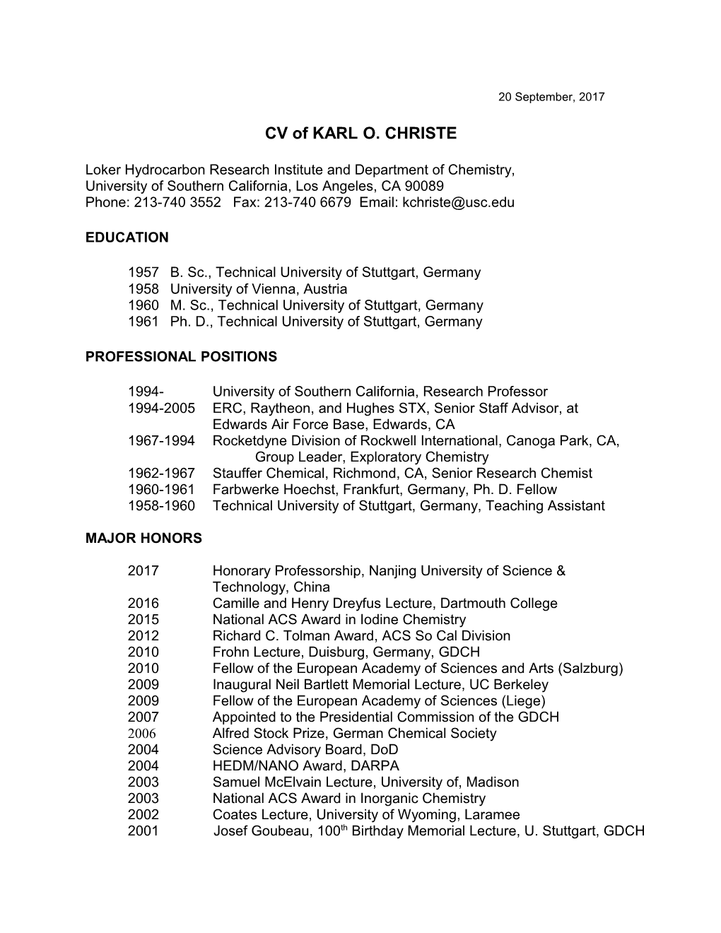 CV of KARL O. CHRISTE