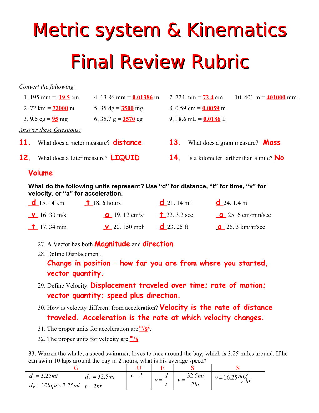 Metric System & Kinematics Final Review