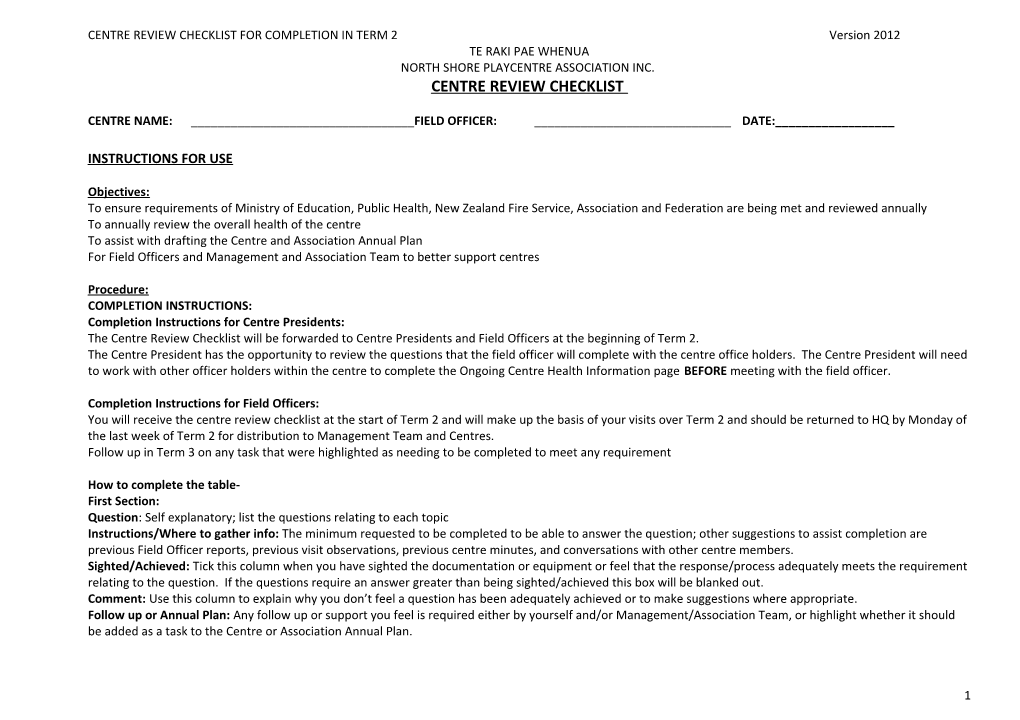 CENTRE REVIEW CHECKLIST for COMPLETION in TERM 2 Version 2012