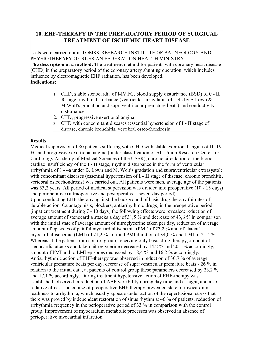 10. Ehf-Therapy in the Preparatory Period of Surgical Treatment of Ischemic Heart-Disease