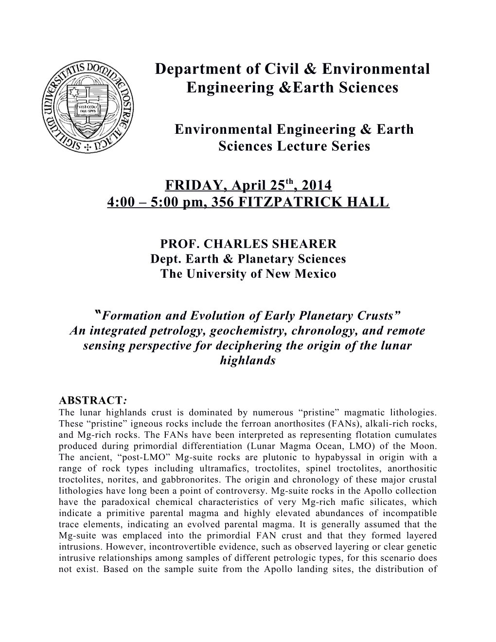 Environmental Engineering & Earth Sciences Lecture Series