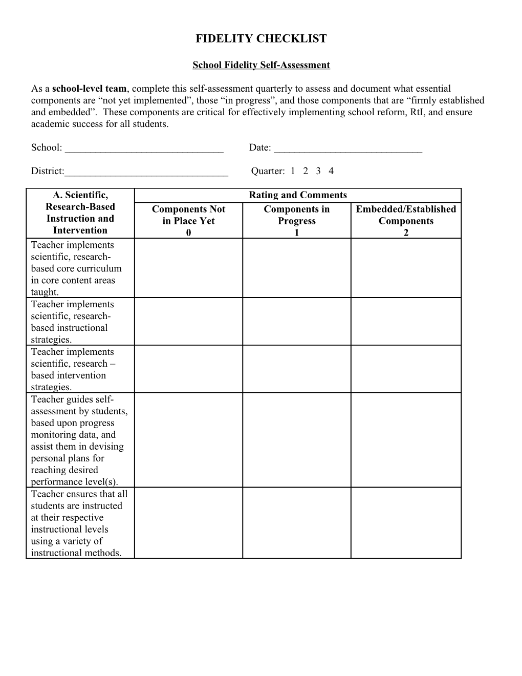 School Fidelity Self-Assessment