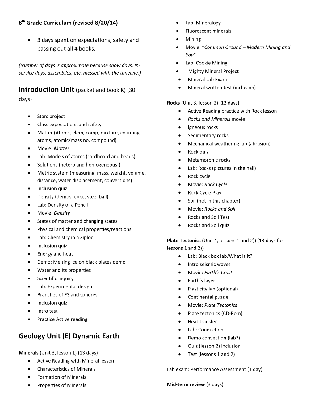 8Th Grade Curriculum (Revised 8/20/14)