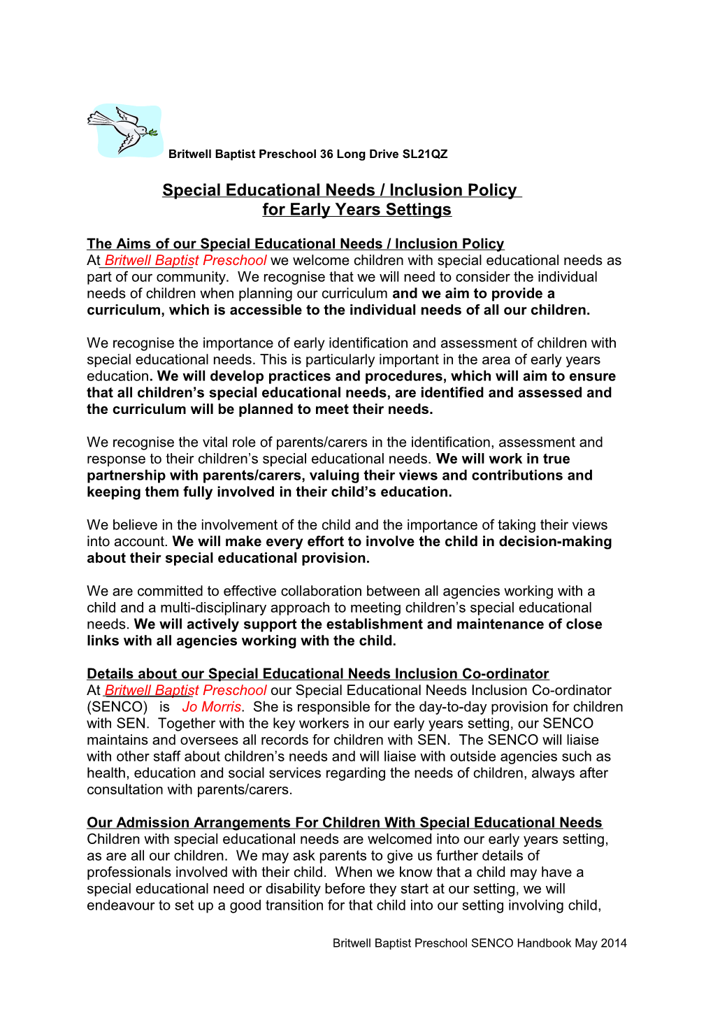 Sample Special Educational Needs / Inclusion Policy in Early Years Settings
