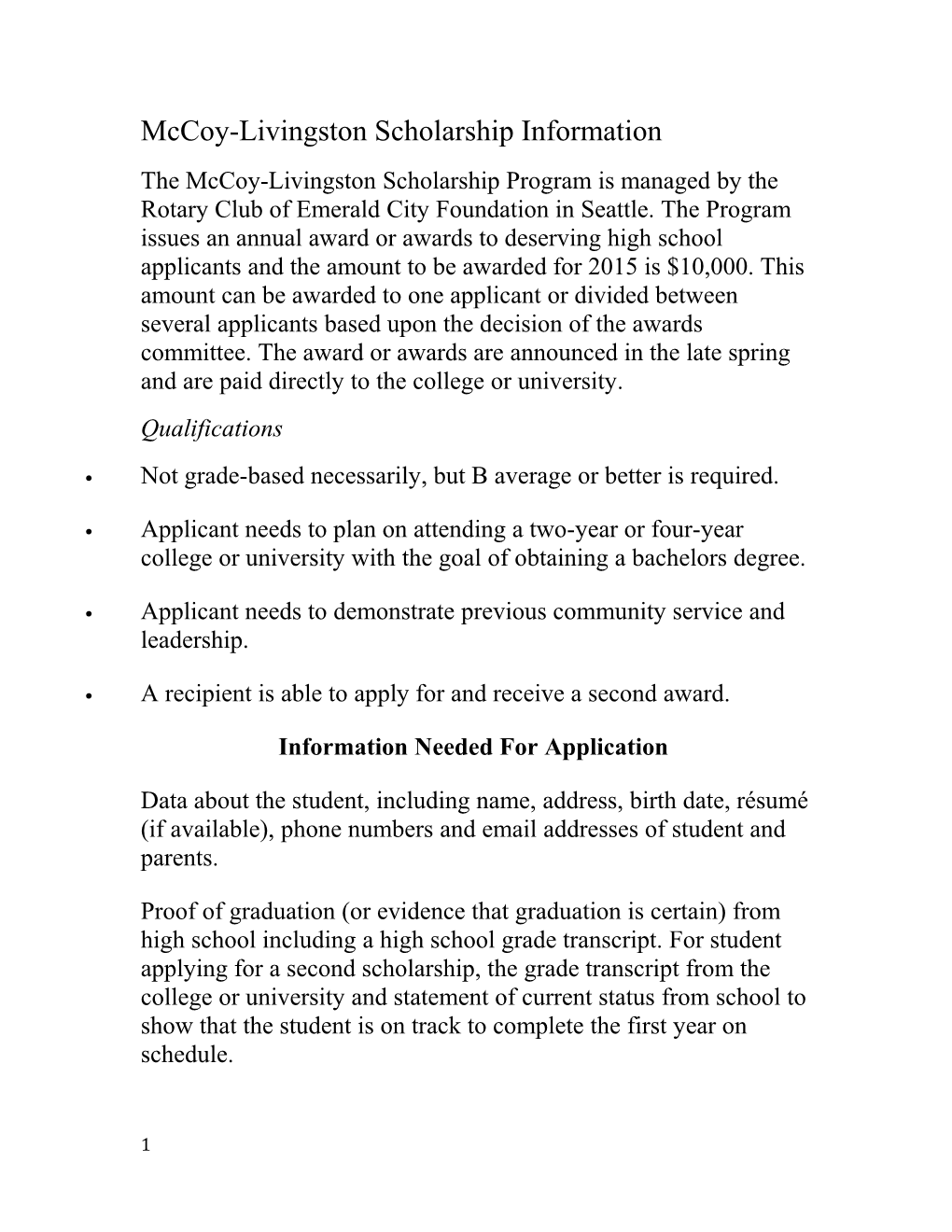 Mccoy-Livingston Scholarship Information