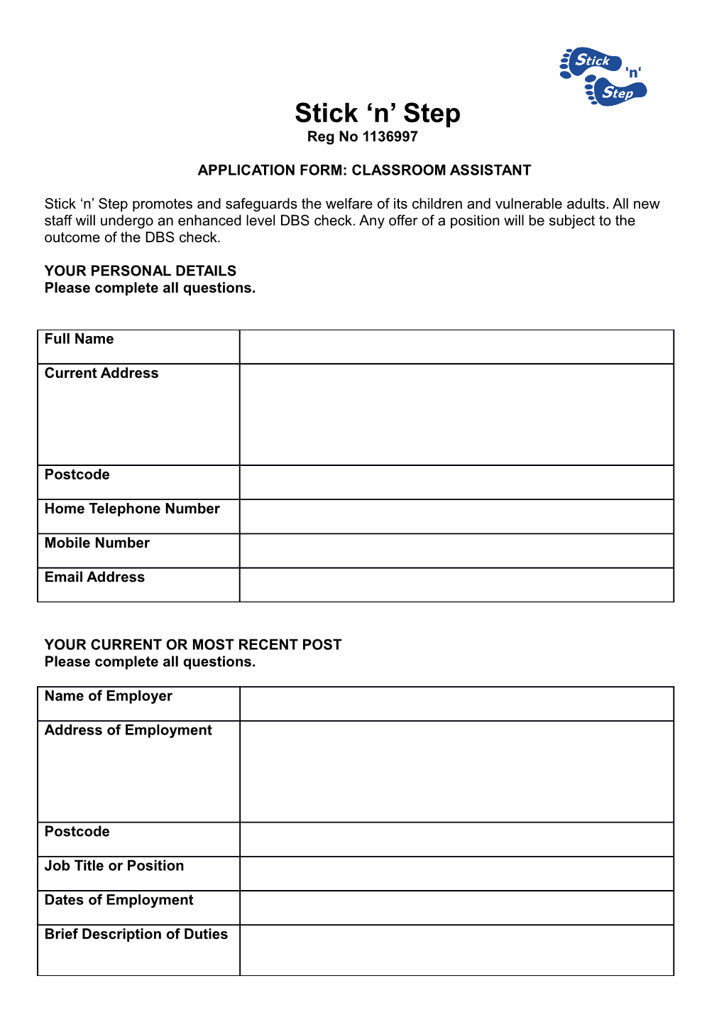 Application Form: Classroom Assistant