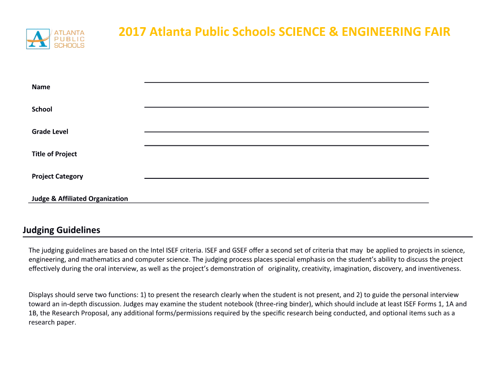 2017 Atlanta Public Schools SCIENCE & ENGINEERING FAIR