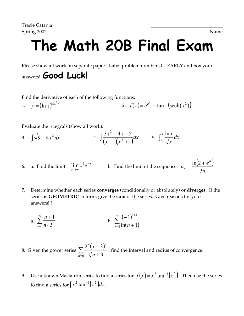 The Math 20B Final Exam