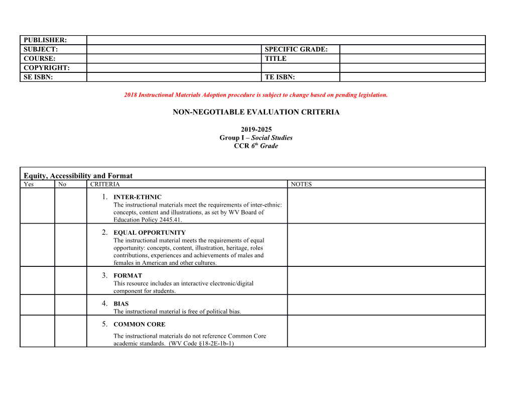 2018 Instructional Materials Adoption Procedure Is Subject to Change Based on Pending