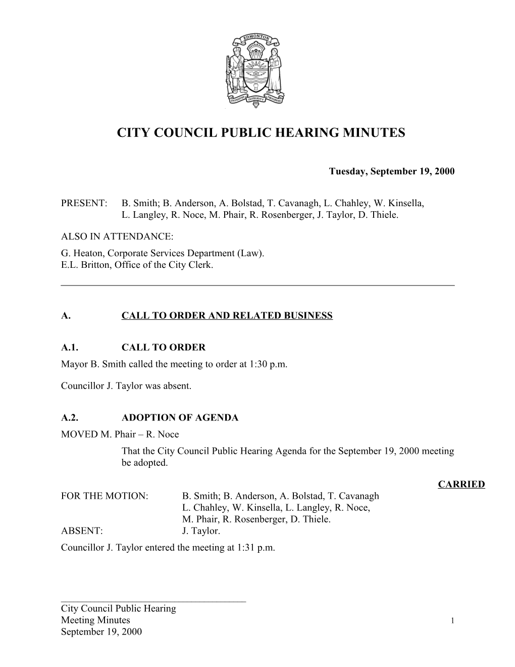 Minutes for City Council September 19, 2000 Meeting