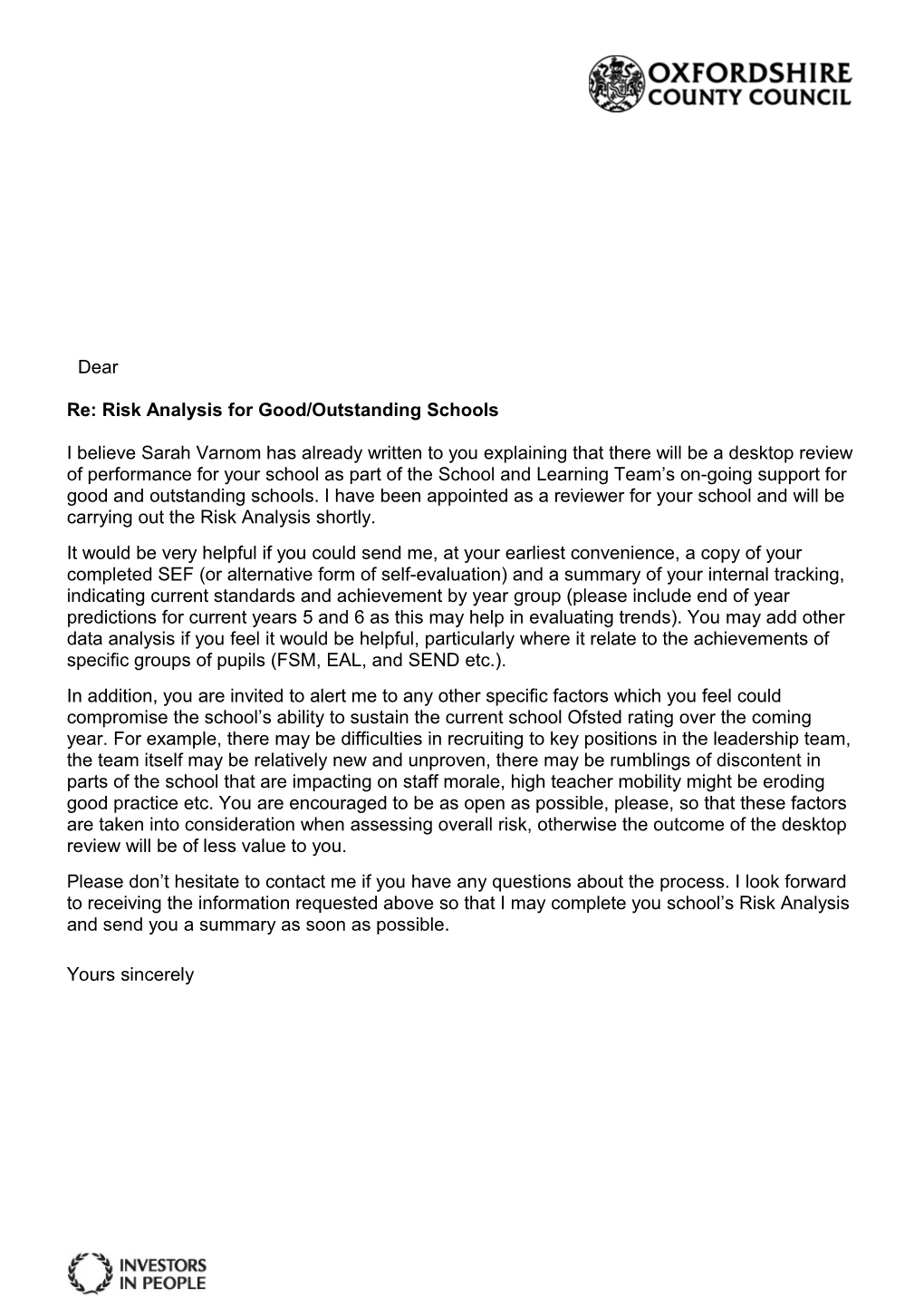 Re: Risk Analysis for Good/Outstanding Schools