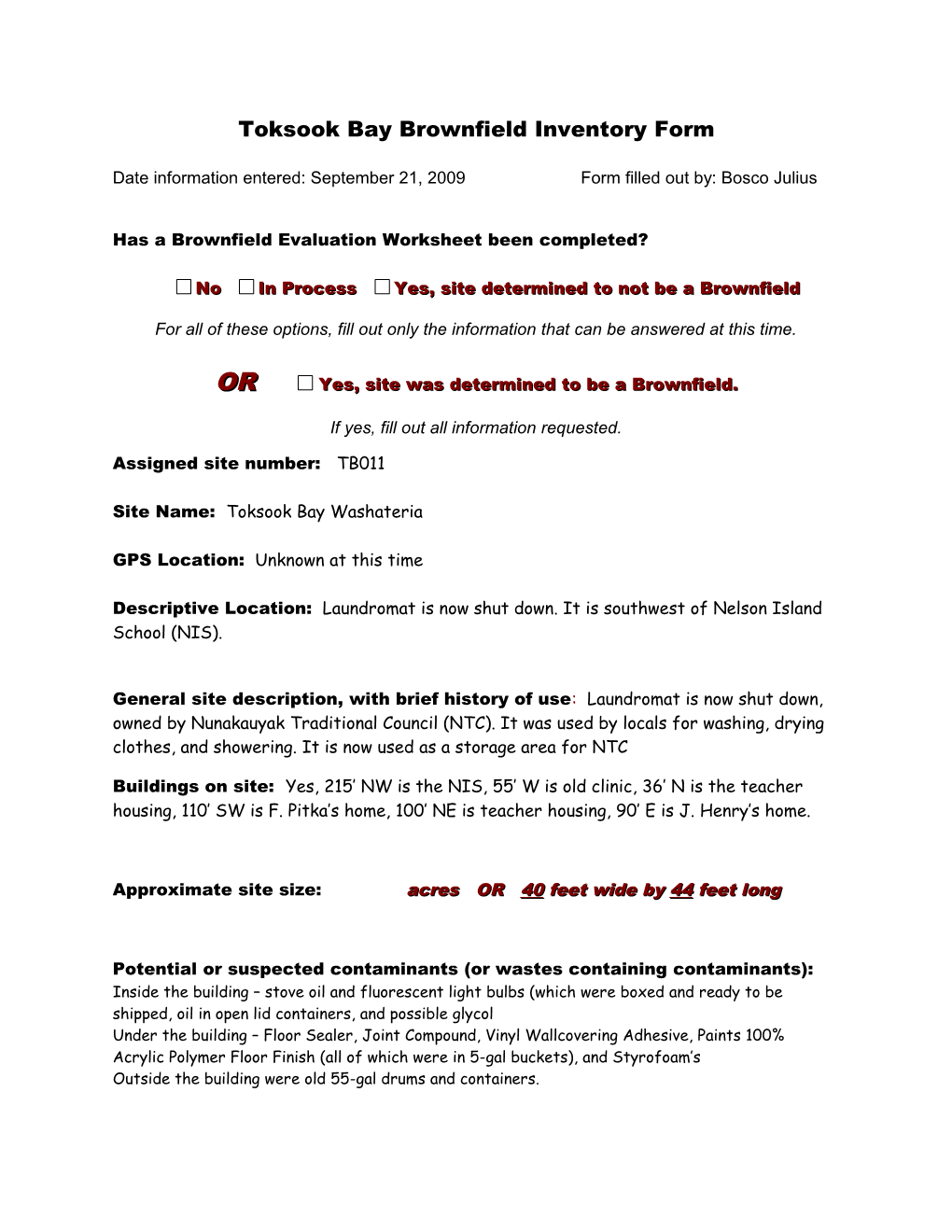 Selawik Brownfield Inventory Form