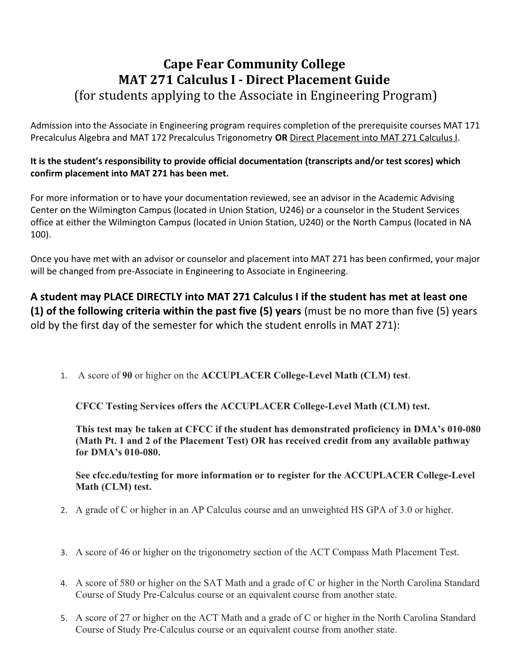 Cape Fear Community College MAT 271 Calculus I - Direct Placementguide