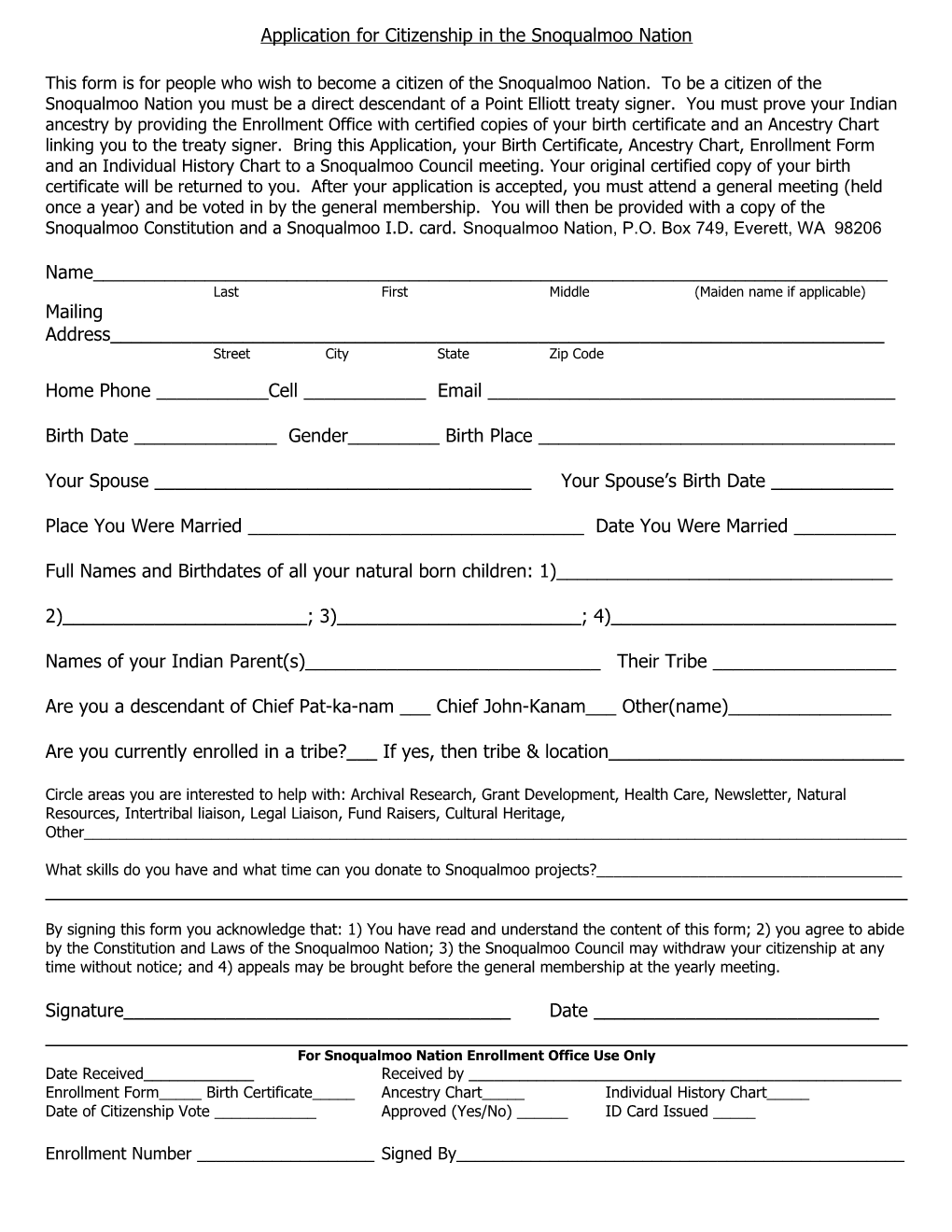 Application for Citizenship in the Snoqualmoo Nation