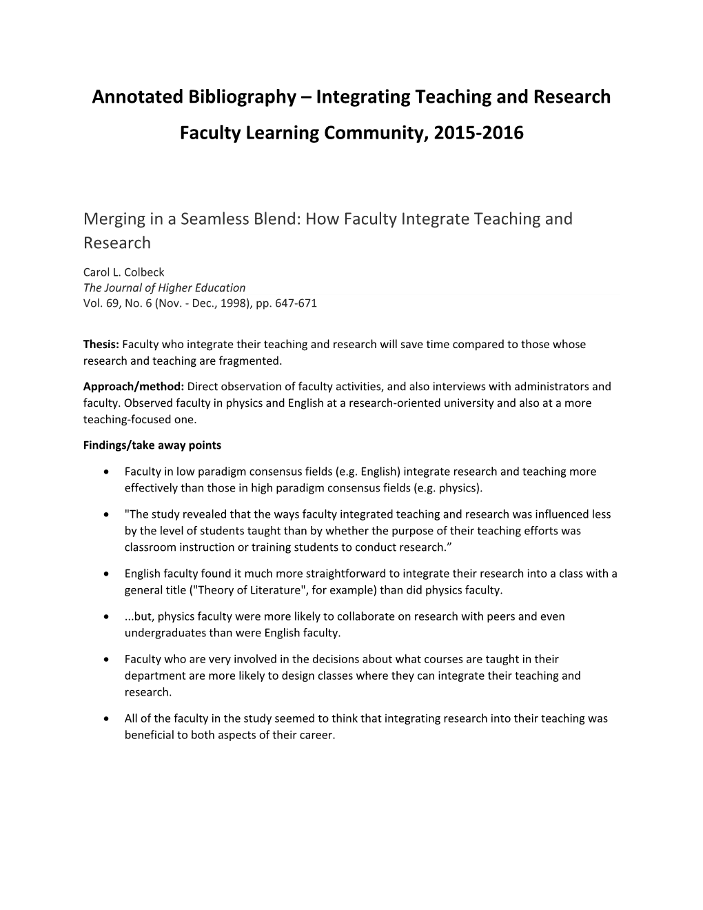 Annotated Bibliography Integrating Teaching and Research