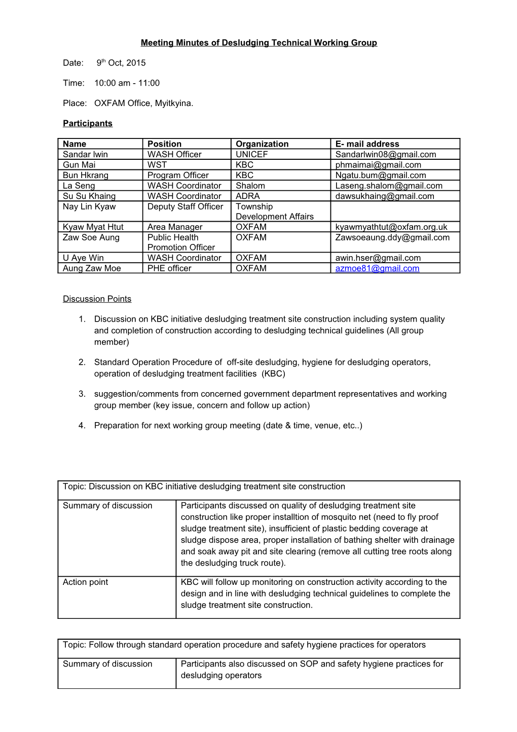 Meeting Minutes of Desludging Technical Working Group