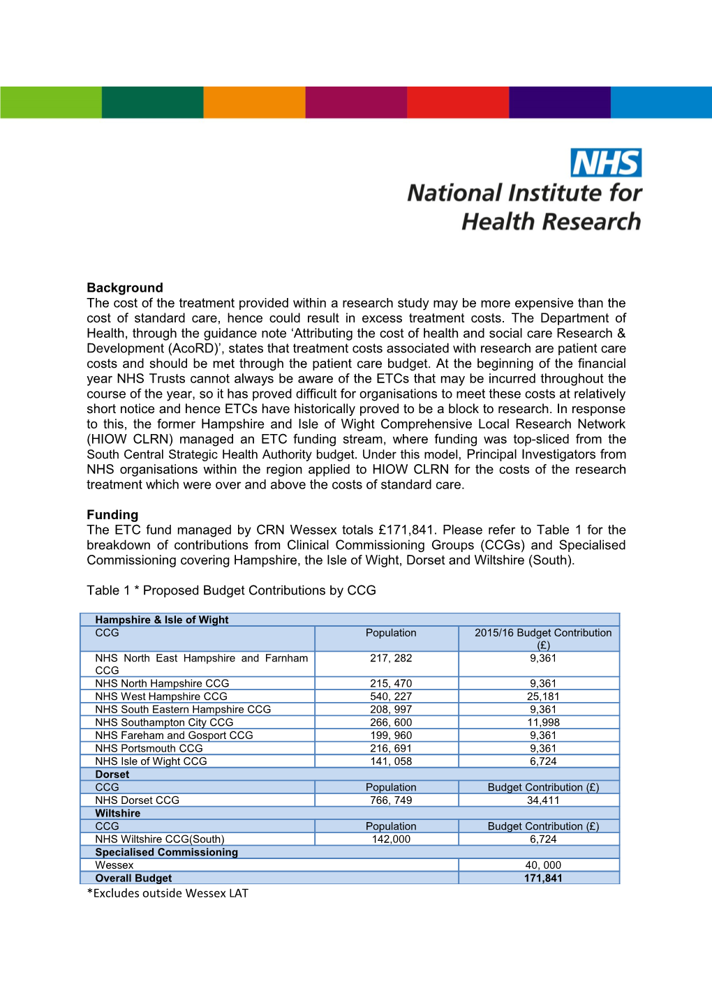 Guidance for Applicants to CRN Wessex Excess Treatment Costs (Etcs) Funding in 2017/18